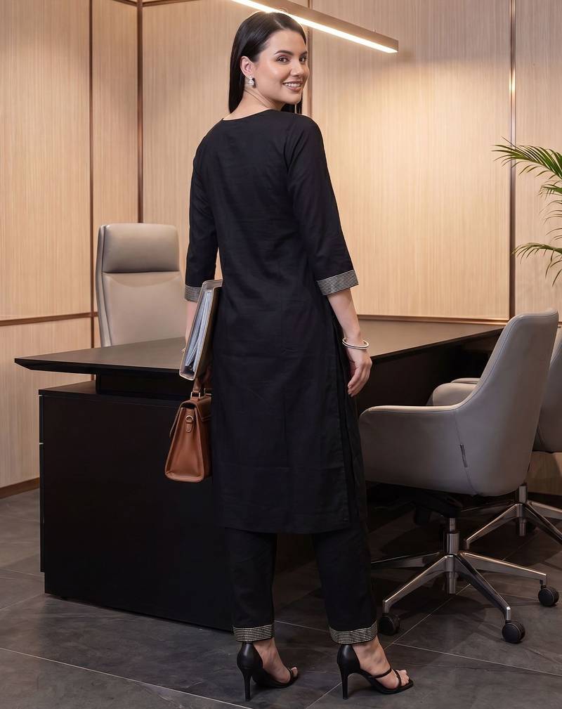 Black printed viscose rayon kurta trouser set