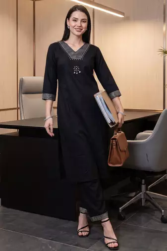 Black printed viscose rayon kurta trouser set