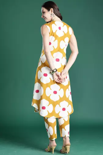 Mustard printed cotton kurta trouser set