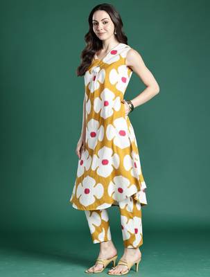 Mustard printed cotton kurta trouser set 1
