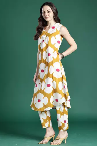 Mustard printed cotton kurta trouser set