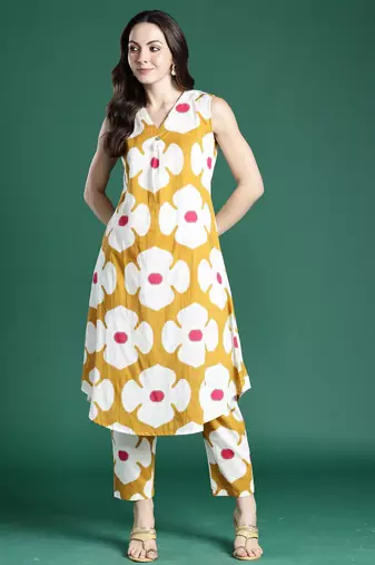 Mustard printed cotton kurta trouser set