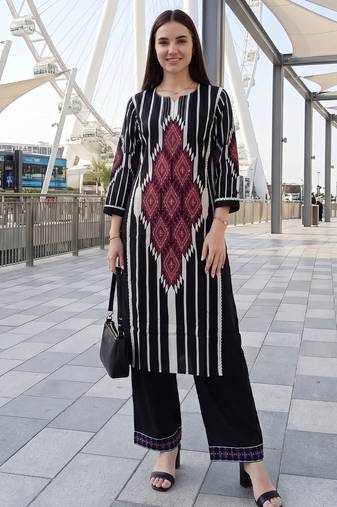 Black printed cotton kurta trouser set