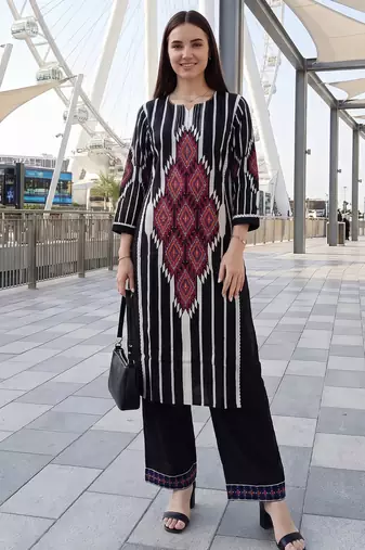 Black printed cotton kurta trouser set