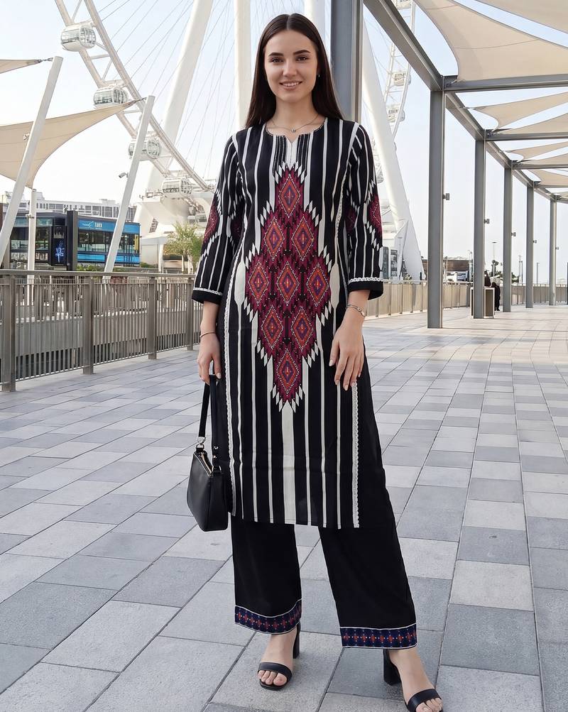 Black printed cotton kurta trouser set