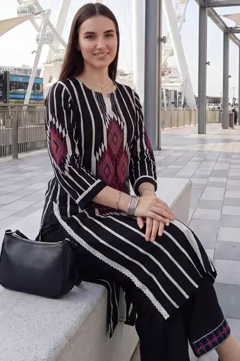 Black printed cotton kurta trouser set