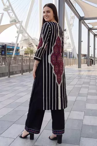Black printed cotton kurta trouser set
