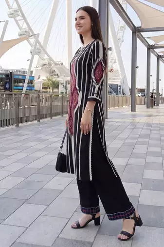 Black printed cotton kurta trouser set