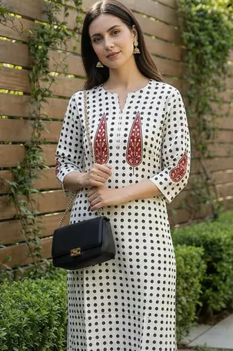 White printed cotton kurta trouser set