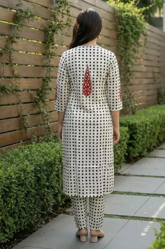 White printed cotton kurta trouser set