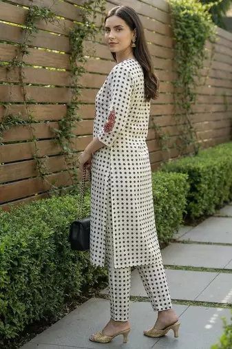 White printed cotton kurta trouser set
