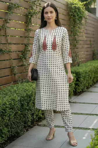 White printed cotton kurta trouser set