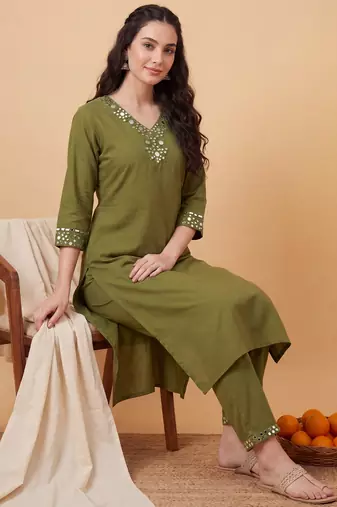 Green embroidered cotton kurta trouser set