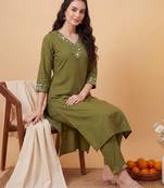 Green embroidered cotton kurta trouser set