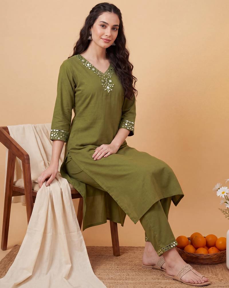Green embroidered cotton kurta trouser set