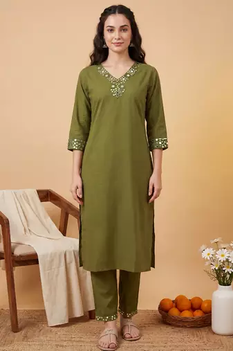 Green embroidered cotton kurta trouser set