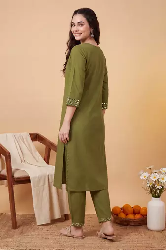 Green embroidered cotton kurta trouser set