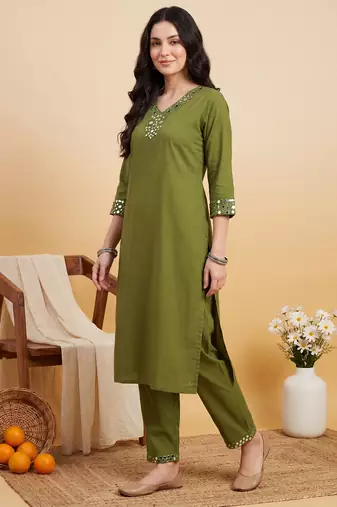 Green embroidered cotton kurta trouser set