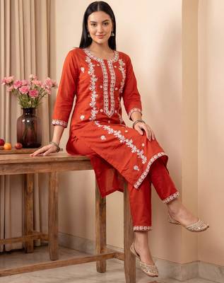 Orange embroidered viscose rayon kurta trouser set 2