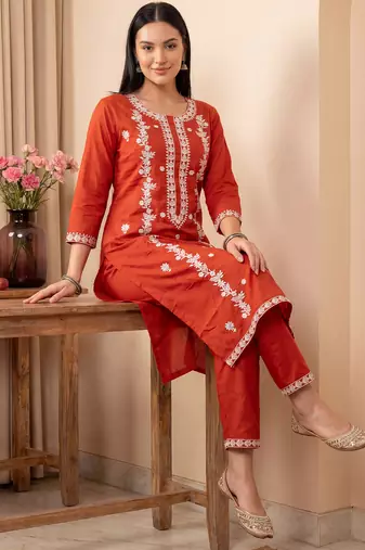 Orange embroidered viscose rayon kurta trouser set