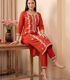 Orange embroidered viscose rayon kurta trouser set