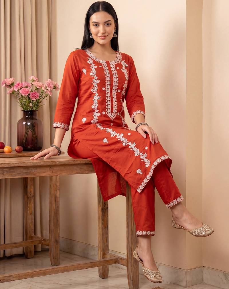 Orange embroidered viscose rayon kurta trouser set