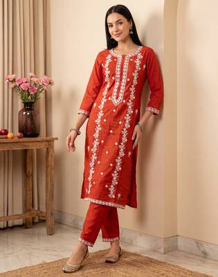 Orange embroidered viscose rayon kurta trouser set 1