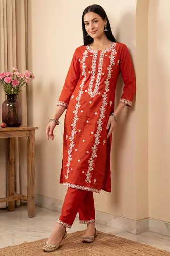 Orange embroidered viscose rayon kurta trouser set