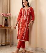 Orange embroidered viscose rayon kurta trouser set