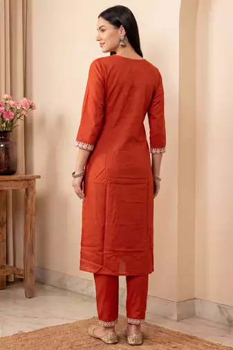 Orange embroidered viscose rayon kurta trouser set