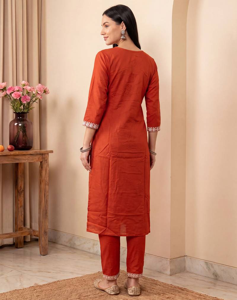 Orange embroidered viscose rayon kurta trouser set