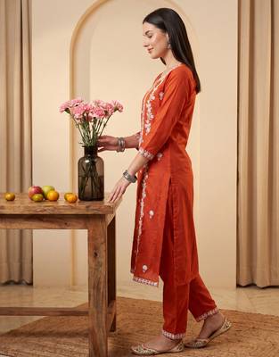 Orange embroidered viscose rayon kurta trouser set 4