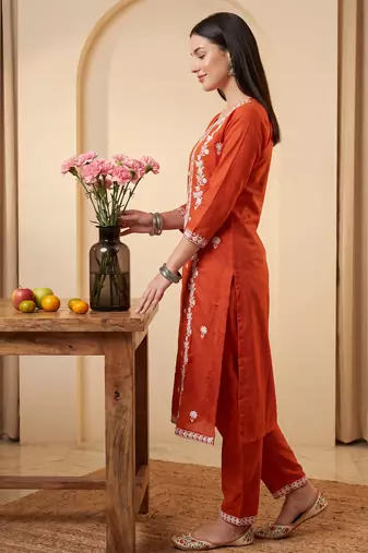 Orange embroidered viscose rayon kurta trouser set