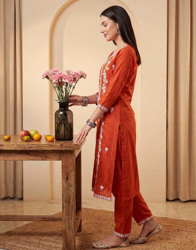 Orange embroidered viscose rayon kurta trouser set
