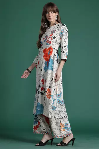 Multicolor printed viscose rayon kurta trouser set