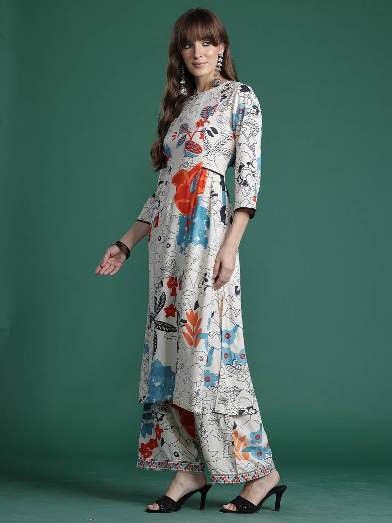 Multicolor printed viscose rayon kurta trouser set