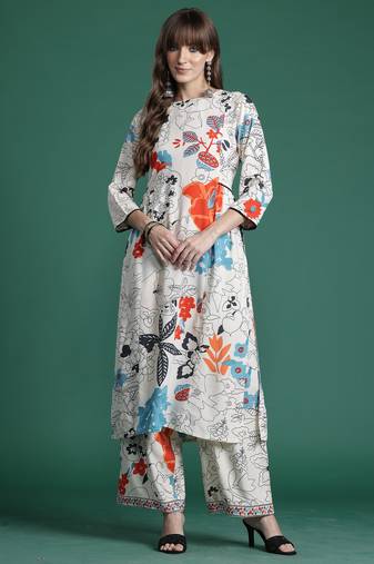 Multicolor printed viscose rayon kurta trouser set