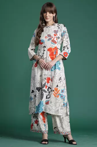 Multicolor printed viscose rayon kurta trouser set