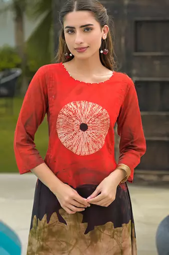 Red printed cotton kurta trouser set