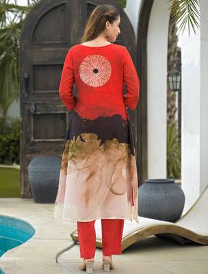 Red printed cotton kurta trouser set 3