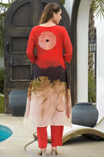 Red printed cotton kurta trouser set