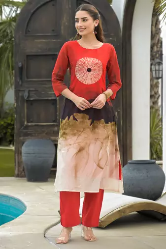 Red printed cotton kurta trouser set