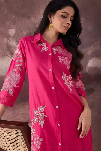 Pink printed cotton kurta trouser set