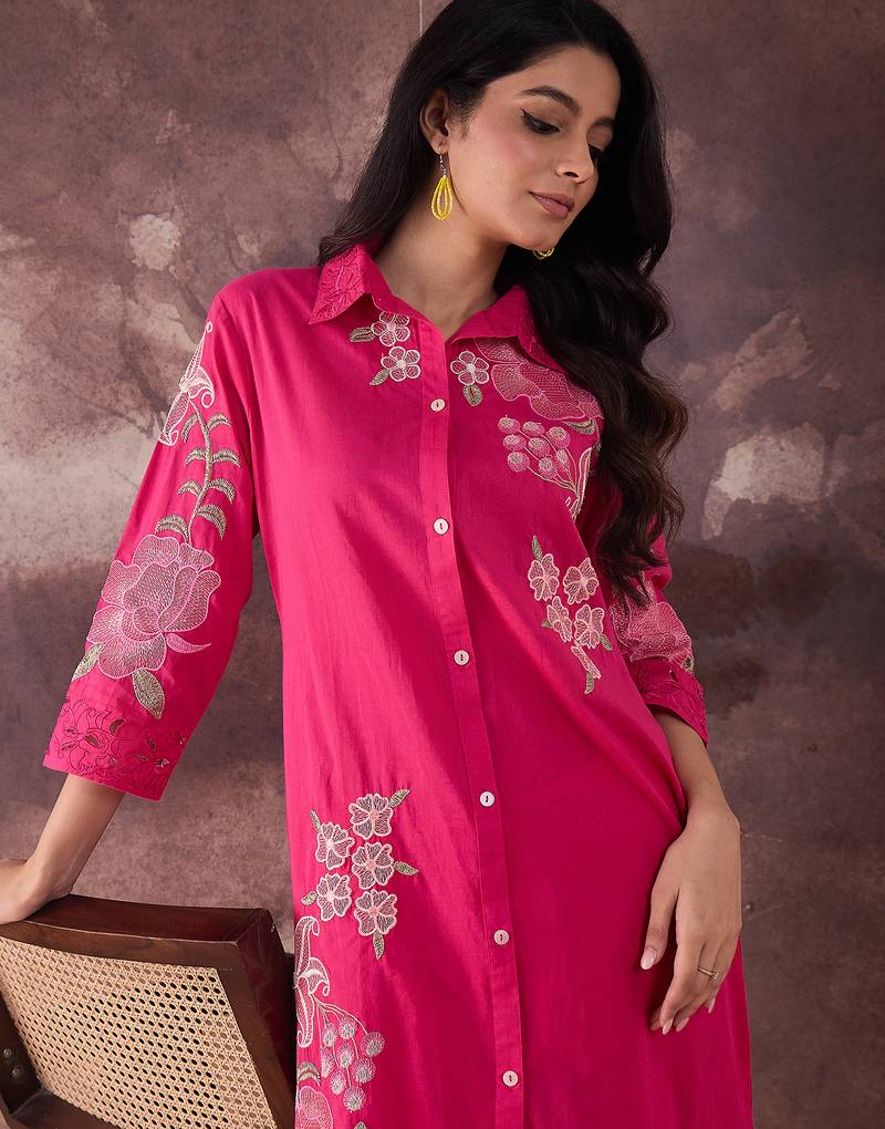 Pink printed cotton kurta trouser set