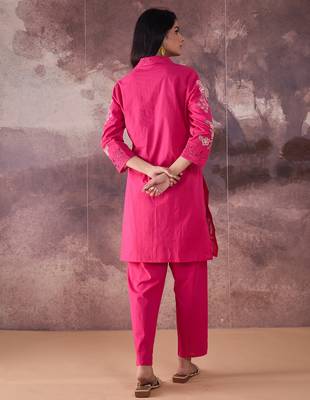 Pink printed cotton kurta trouser set 2