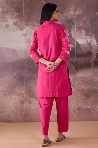 Pink printed cotton kurta trouser set