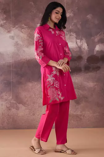 Pink printed cotton kurta trouser set