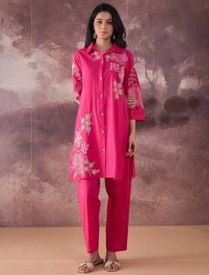 Pink printed cotton kurta trouser set 4