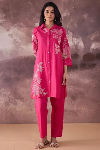 Pink printed cotton kurta trouser set