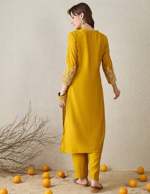 Mustard embroidered cotton kurta trouser set 2